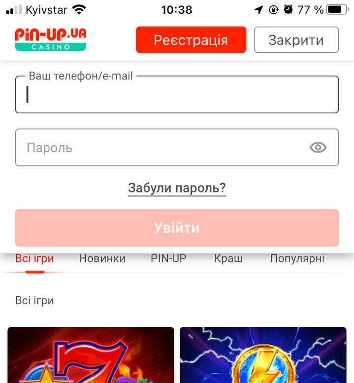 Вхід у додаток Pinup